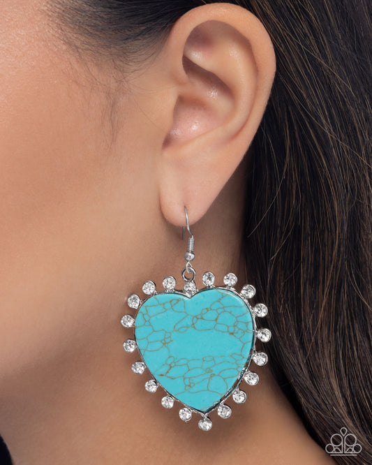 Dazzling Damsel - Blue Turquoise Stone & White Rhinestone Heart Earring Santa Fe Style Paparazzi