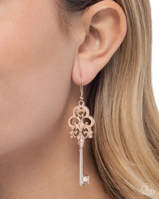 Chateau Chic - Rose Gold Filigree Key Earring Paparazzi E2762