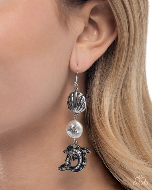 Delightful Dolphin - White Pearl Embellished Silver Dolphin & Silver Starfish Earring Paparazzi E2728