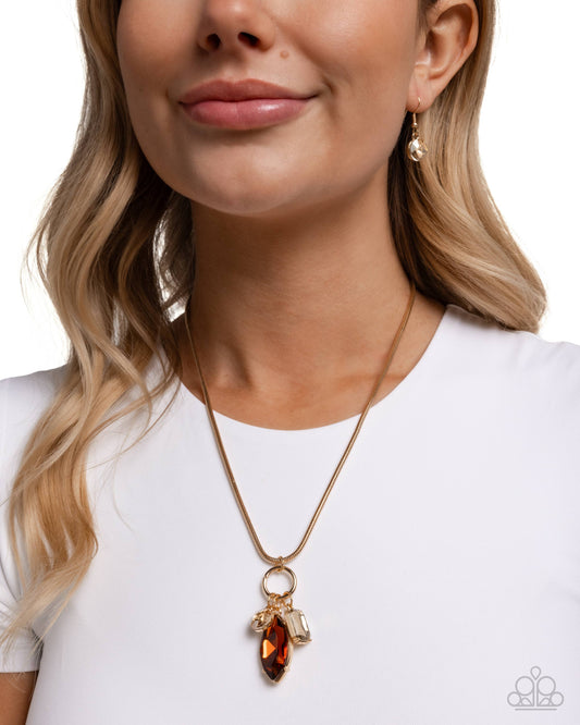 Lively Luminescence - Brown Tea Gem, Champagne Rhinestone & Smoky Gem Gold Snake Chain Necklace Paparazzi N2948