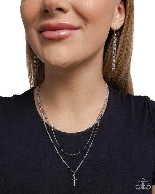 Paparazzi Divine Dedication - Silver Layered Chain Cross Necklace N4054