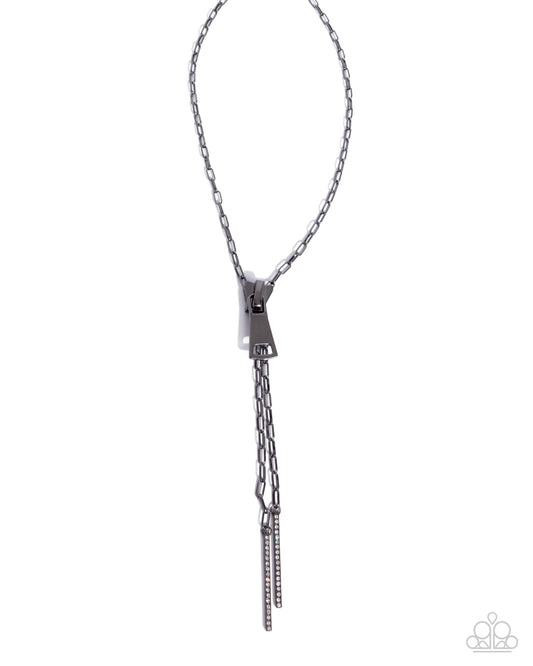 Zipper Zeal - Black Gunmetal Paperclip Chain & Zipper Pendant Necklace Paparazzi N3272