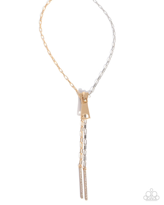 Zipper Zeal - Multi Gold & Silver Paperclip Chain Zipper Pendant Necklace N3568