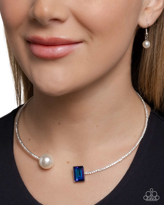 Euphoric Elegance - Blue Emerald UV Gem, White Rhinestone Collar Necklace Paparazzi
