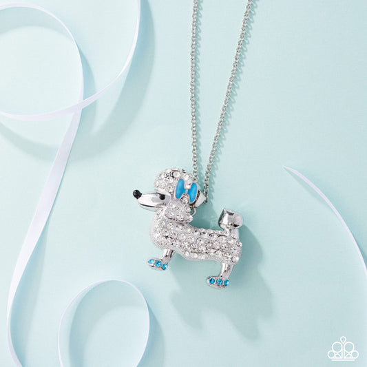 Poodle Pageantry - Blue Bow & White Rhinestone Poodle Dog Pendant Necklace Paparazzi