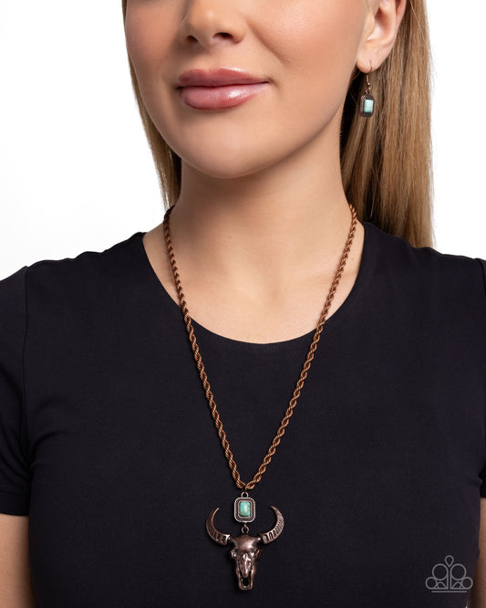 Longhorn Leisure - Copper - Antiqued Copper Southwestern Santa Fe Style Longhorn Skull Pendant Necklace Paparazzi N3493