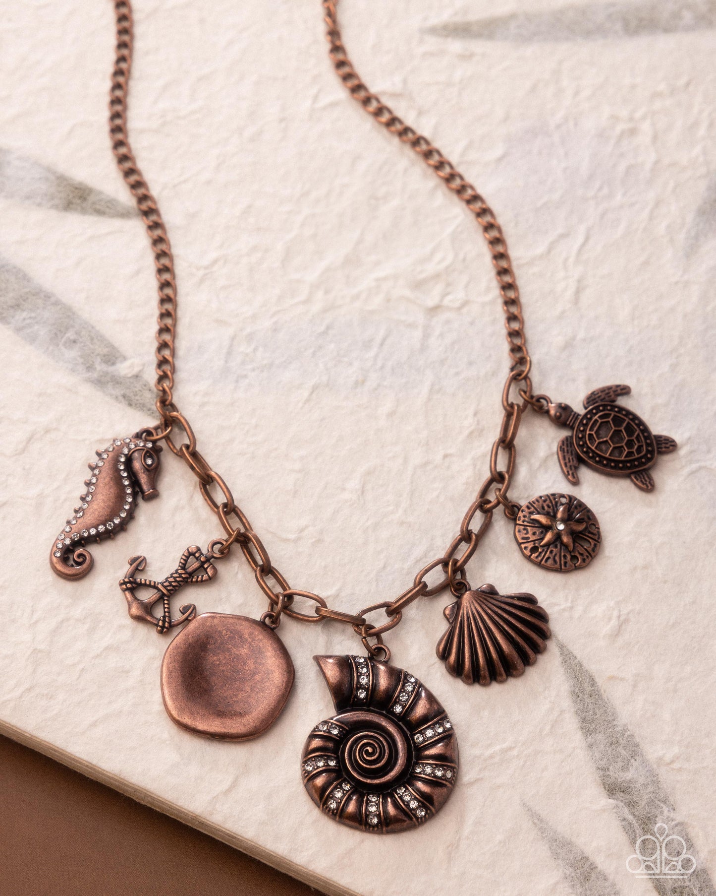 Coastal Composure - Copper Beach Vibe Charm Seahorse, Turtle, Anchor, Seashell, Sand Dollar Necklace Paparazzi N3289