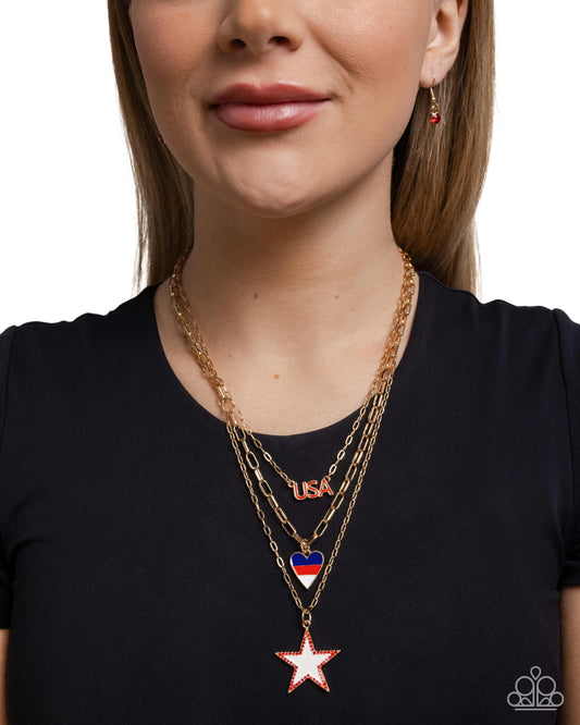 Unforgettable USA - Gold Layered Chain USA, Patriotic Heart & Star Necklace Paparazzi