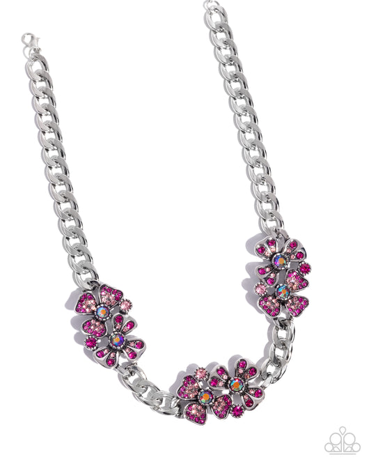 Fairy Florals - Pink Fuchsia Iridescent Rhinestone Flower & Silver Curb Chain Necklace Paparazzi N3275
