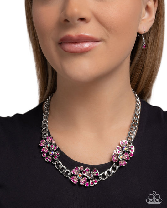 Fairy Florals - Pink Fuchsia Iridescent Rhinestone Flower & Silver Curb Chain Necklace Paparazzi N3275