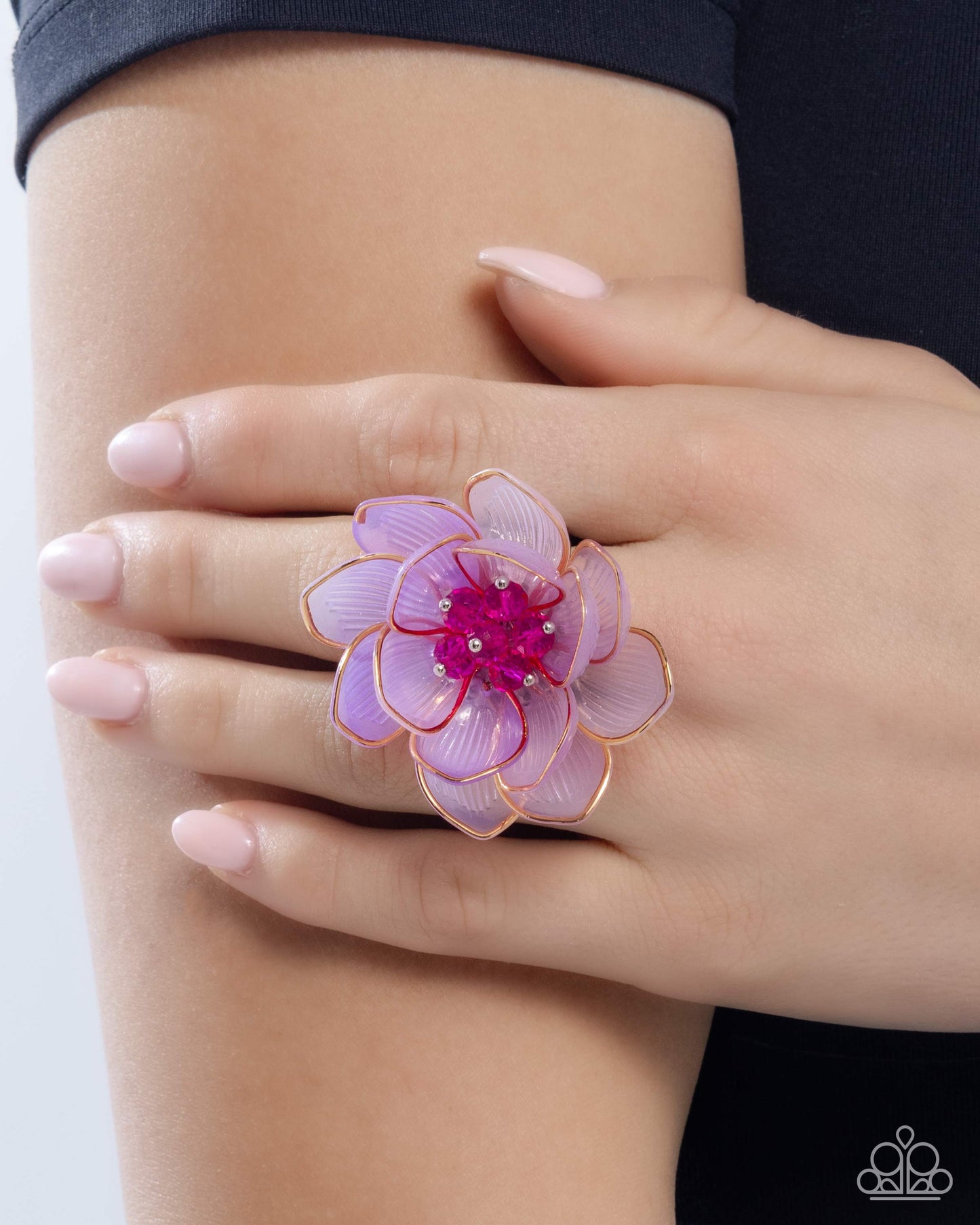 Blatant Bloom - Purple Translucent Petals & Fuchsia Bead Center Oversized Flower Ring Paparazzi R1079