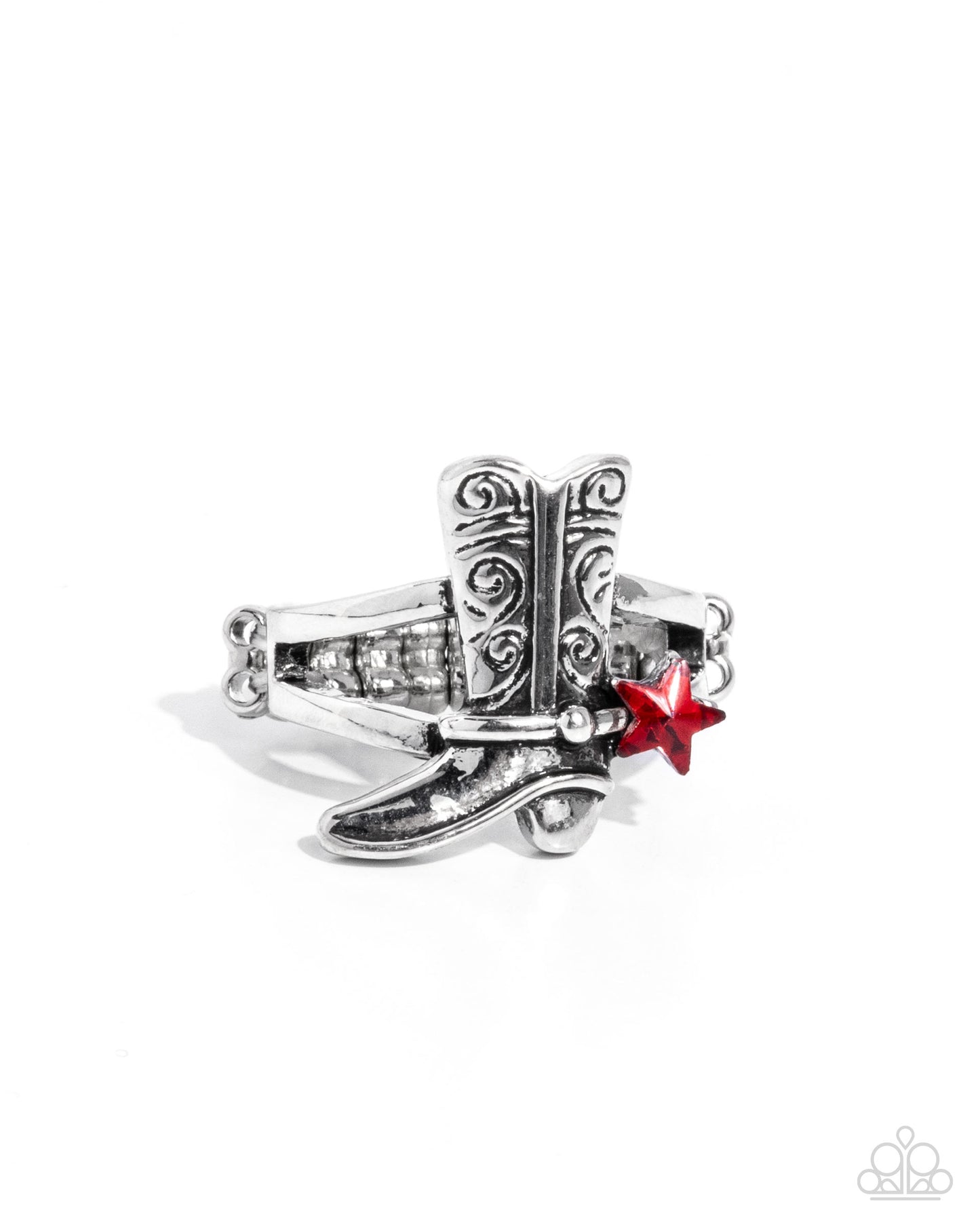 Boot Beginning - Red Star Gem Silver Cowboy Boot Ring Santa Fe Style Paparazzi R1019