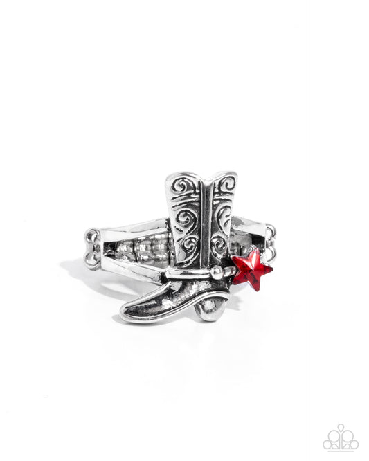 Boot Beginning - Red Star Gem Silver Cowboy Boot Ring Santa Fe Style Paparazzi R1019