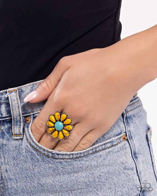 Firm Florals - Yellow & Turquoise Stone Flower Ring Paparazzi R1094