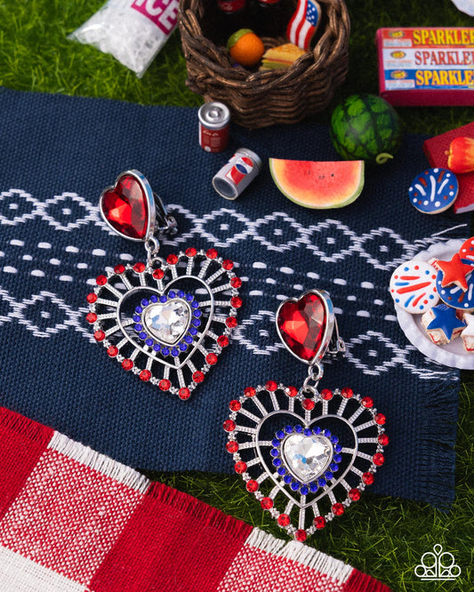 Patriotic Pattern - Multi Red, White & Blue Heart Clip-On Patriotic Earring Paparazzi