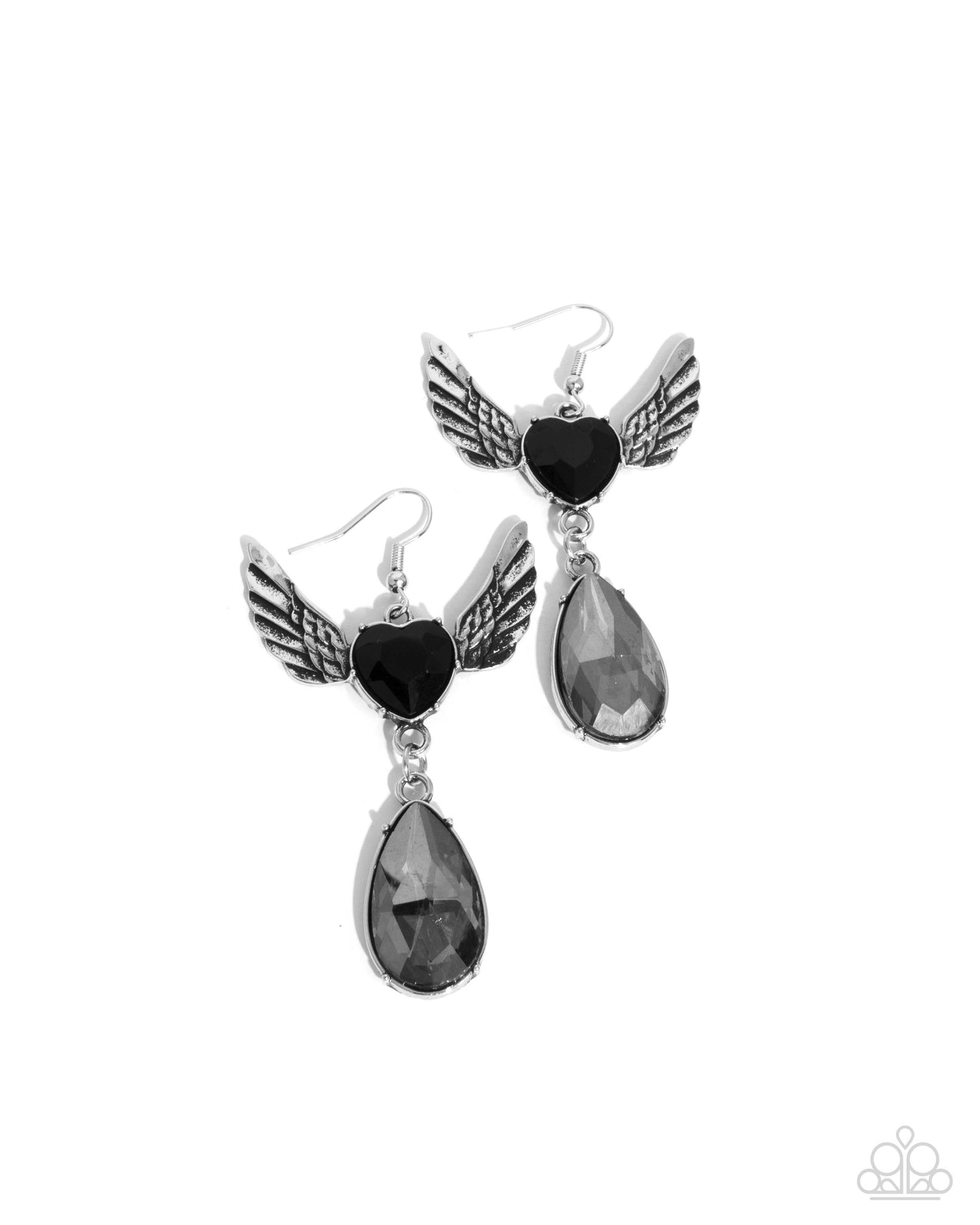 Angelic Accomplishment - Black Heart Shaped Gem Silver Wing & Smokey Teardrop Gem Earring Paparazzi E2672