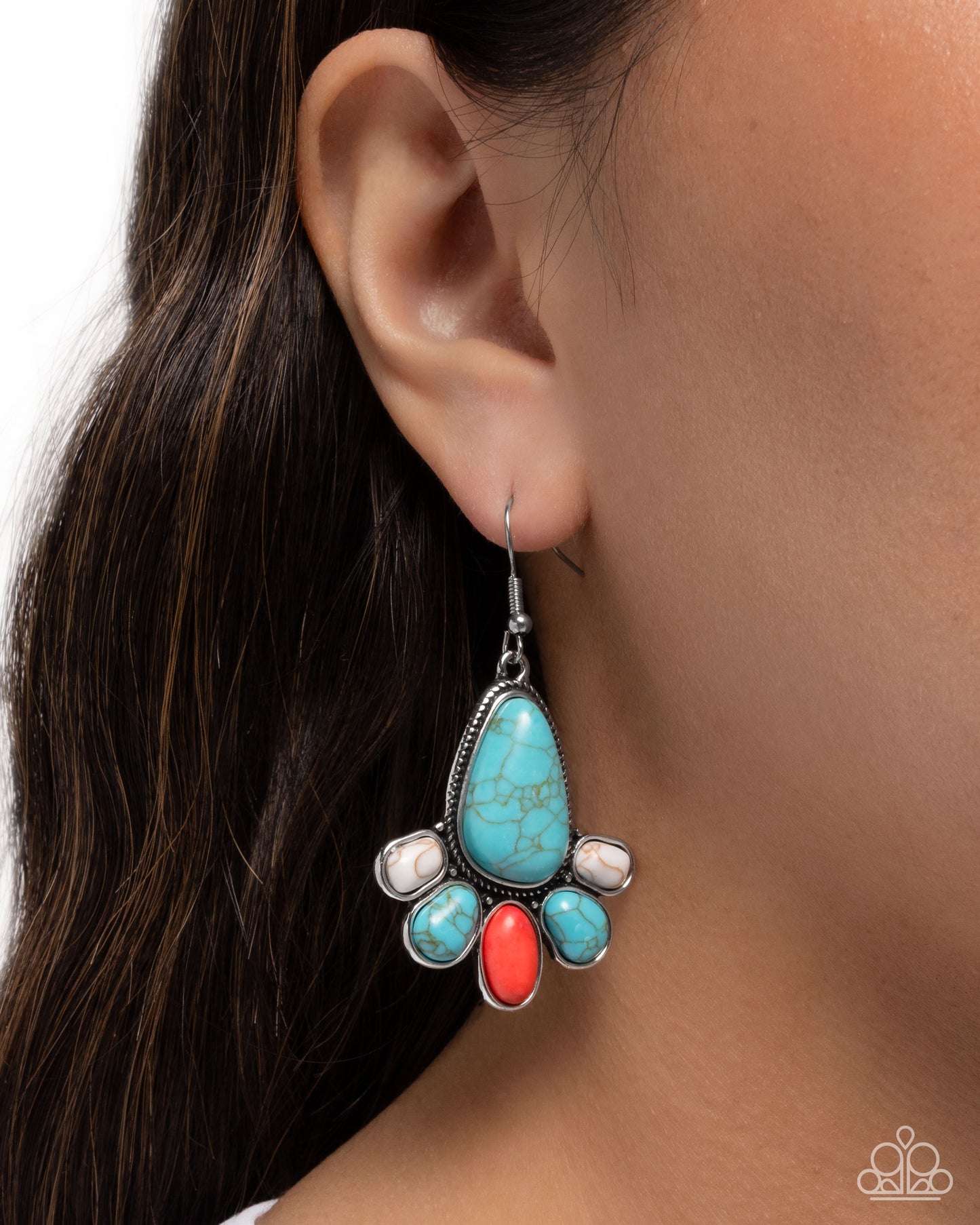 Rustic Revival - Multi White, Turquoise & Red Stone Silver Earring Santa Fe Style Paparazzi E3079