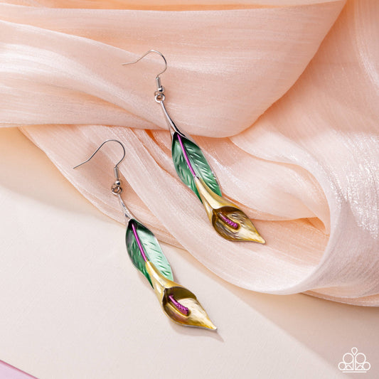 Tulip Tutor - Yellow & Pink Peacock Painted Flower Earring Paparazzi E2691