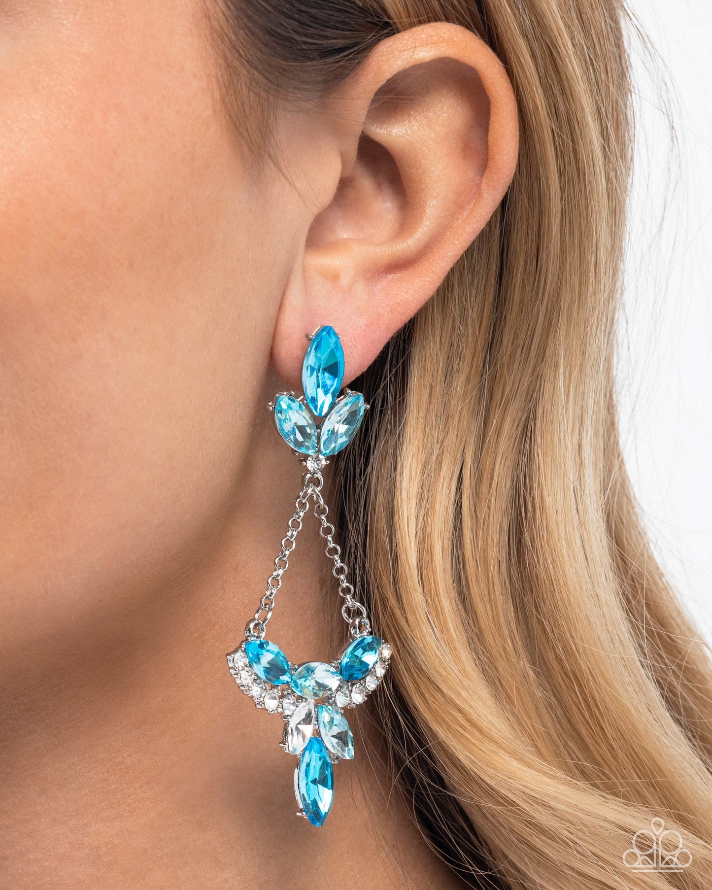 Carefree Chandelier - Blue Icy & White Gem Chandelier Style Earring Paparazzi E3034
