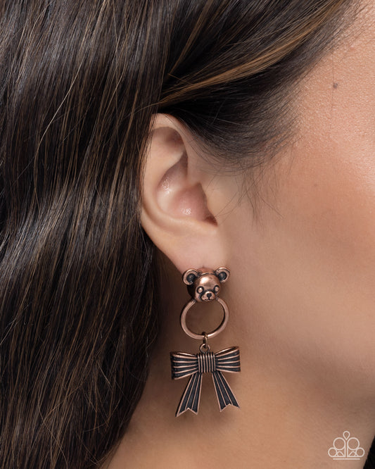Bear in Mind - Copper Teddy Bear Textured Copper Post Earring Paparazzi E2883