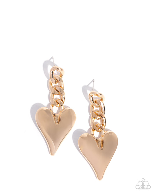 Mechanic Match - Gold Curb Chain Heart Post Earring Paparazzi E2761