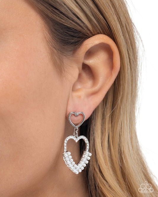 Dangling Damsel - White Rhinestone Pearl Heart Silver Post Earring Paparazzi E3078