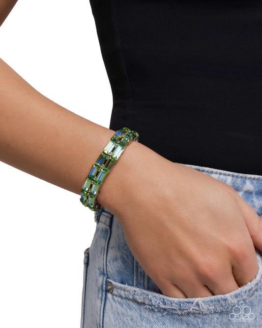 Symmetrical Statement - Green UV Shimmer Gem Stretch Bracelet Paparazzi B2215