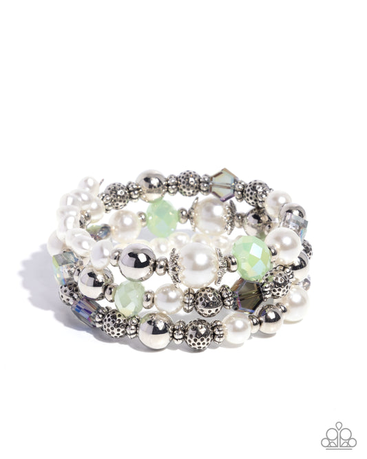 Devoted Dragonfly - Multi White Pearl, Silver Fitting & UV Shimmery Bead Coil Bracelet Paparazzi B2159