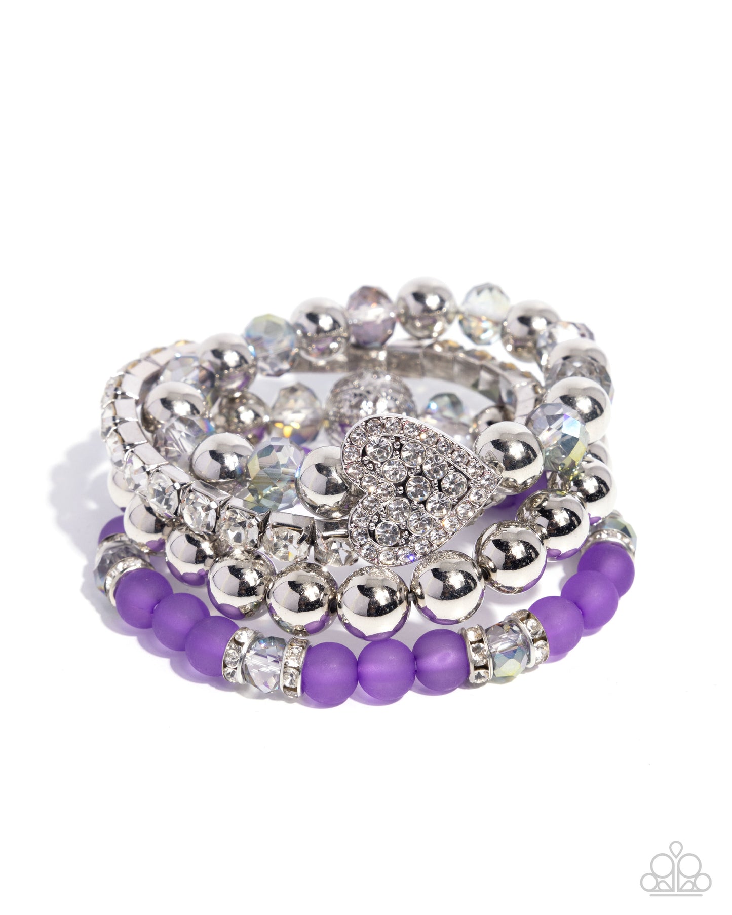 Poetically Plush - Purple Shimmery Gems, Purple Milky, Silver Heart Charm & Bead Set Of 4 Stretch Bracelets Paparazzi B2286