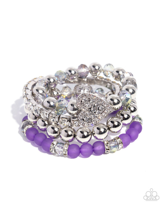 Poetically Plush - Purple Shimmery Gems, Purple Milky, Silver Heart Charm & Bead Set Of 4 Stretch Bracelets Paparazzi B2286