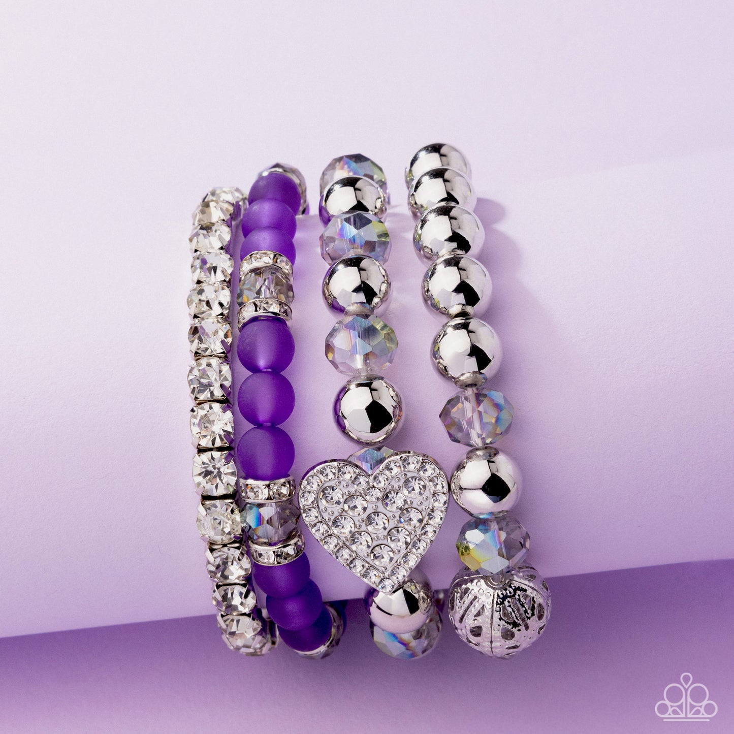 Poetically Plush - Purple Shimmery Gems, Purple Milky, Silver Heart Charm & Bead Set Of 4 Stretch Bracelets Paparazzi B2286