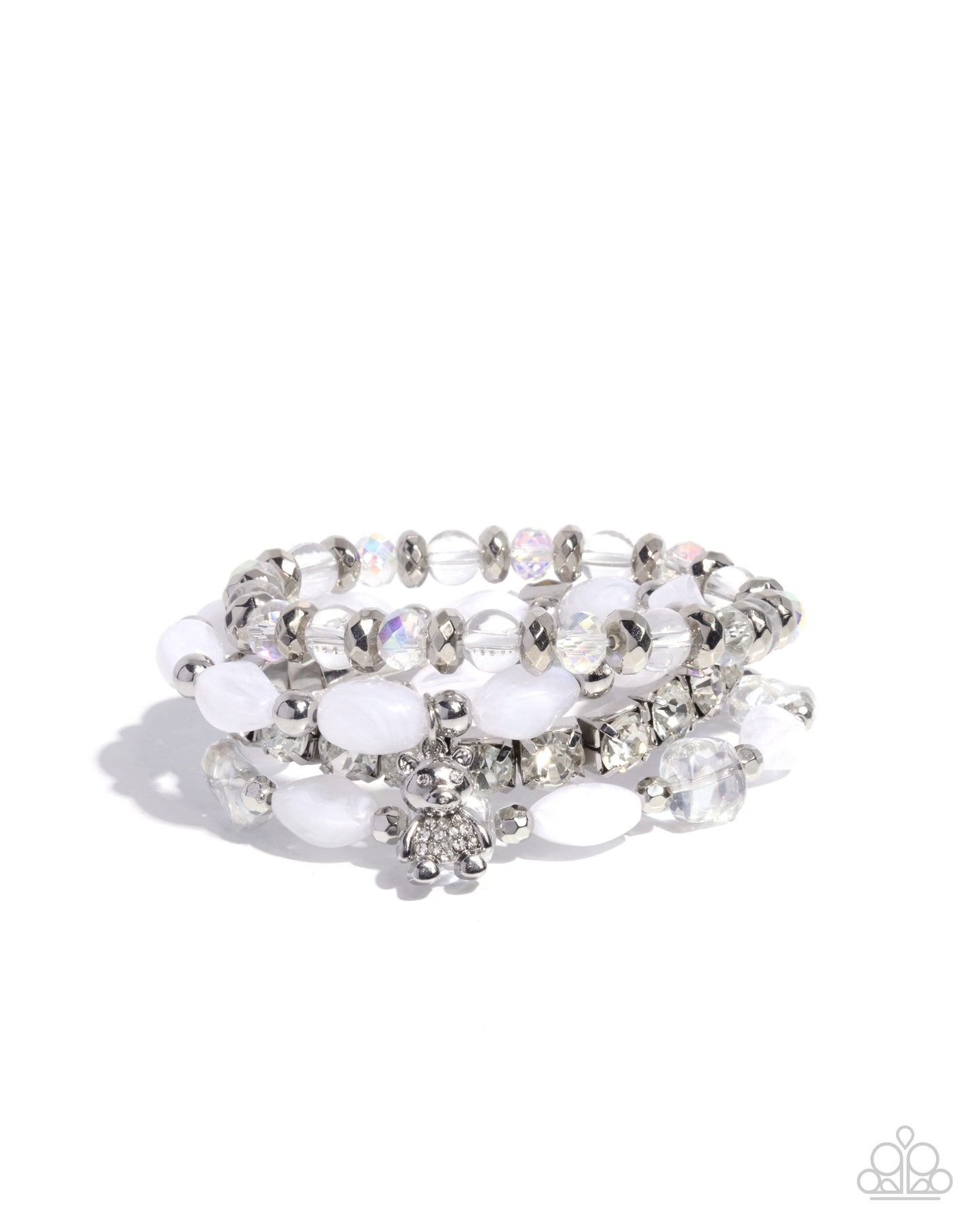Bewitching Bear - White Rhinestone Teddy Bear Charm & White Bead, Silver Stretch Set Of 4 Bracelets Paparazzi B2056
