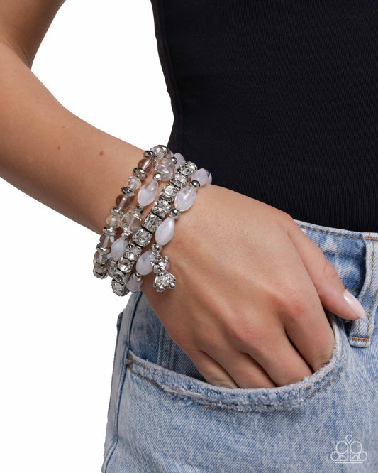 Bewitching Bear - White Rhinestone Teddy Bear Charm & White Bead, Silver Stretch Set Of 4 Bracelets Paparazzi B2056