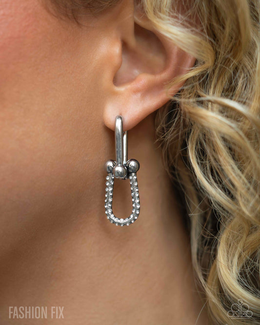 Heightened Haute - White Rhinestone Silver 1/2 Inch Hinge Hoop Earring Magnificent Musings May 2025 Fashion Fix Paparazzi E2928