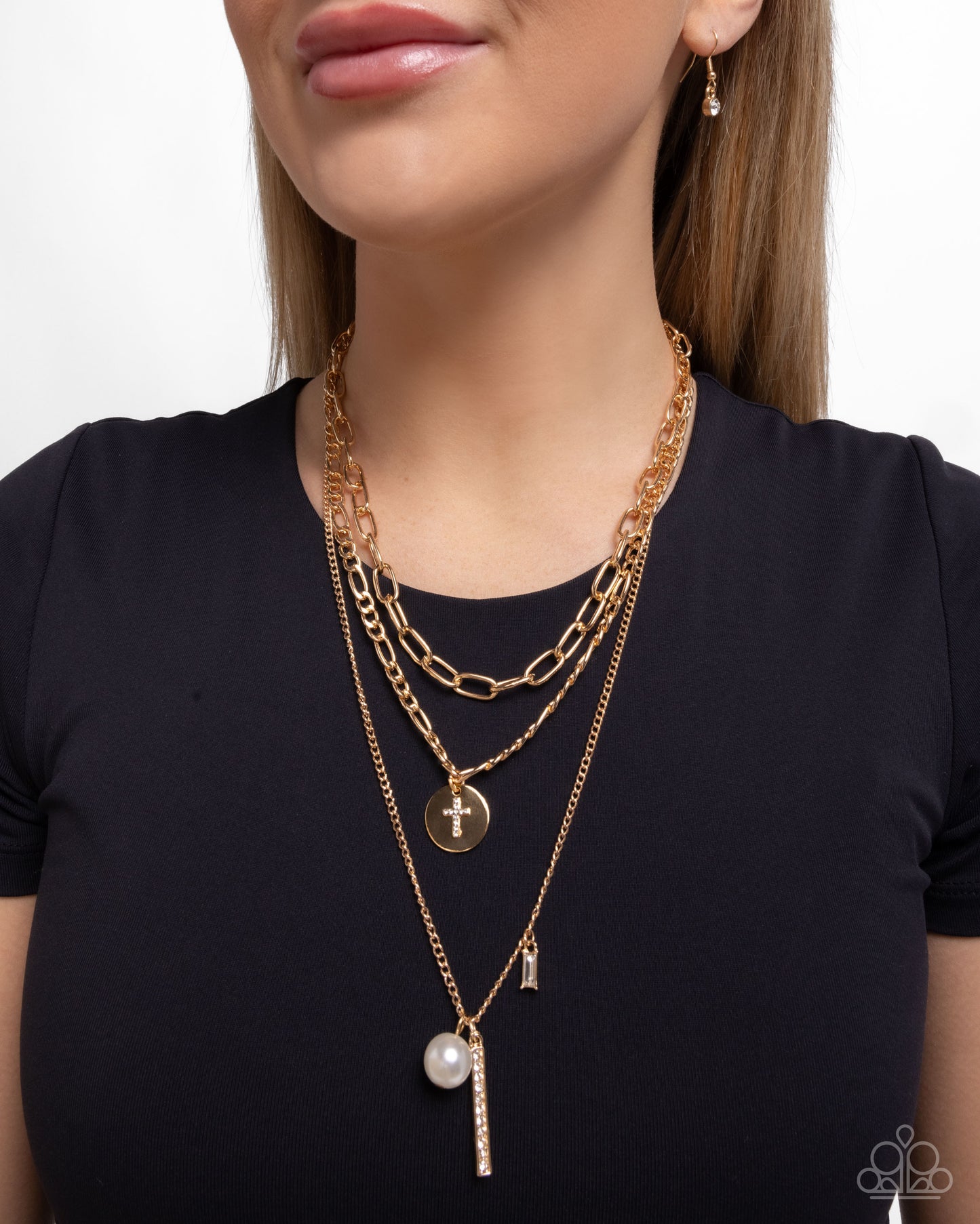 Paparazzi Luminous Layers - Gold Layered Chain & White Rhinestone Cross Necklace N3964