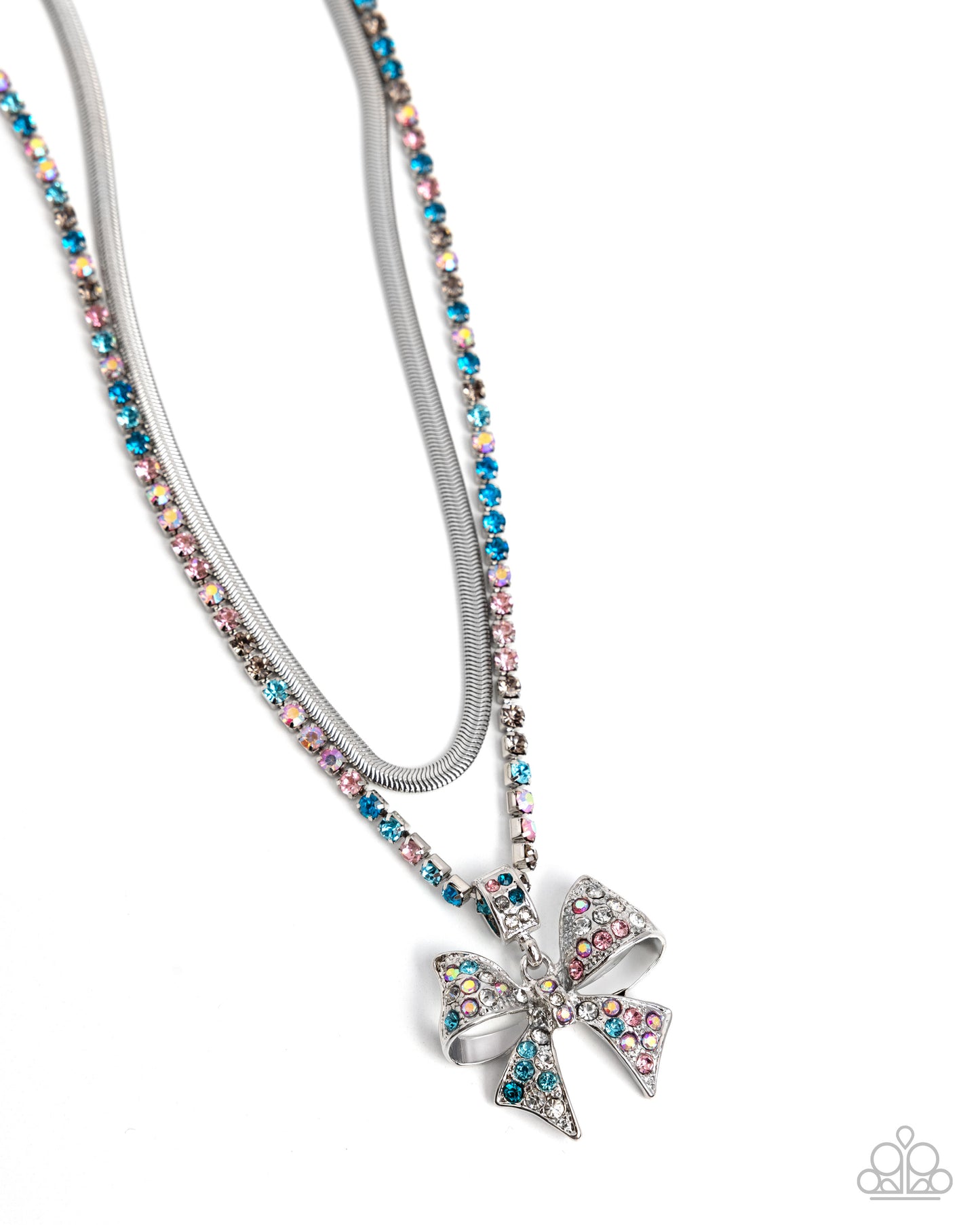 Paparazzi Cheerful Coquette - Multicolored Rhinestone Silver Bow Necklace