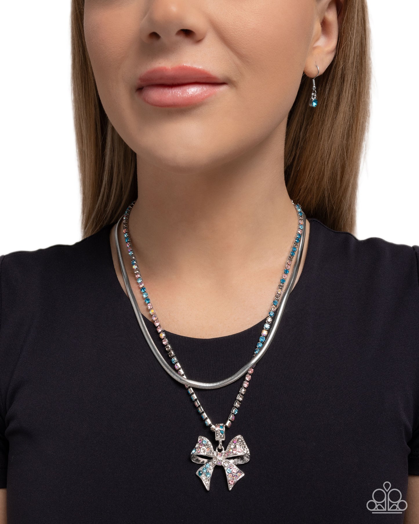 Paparazzi Cheerful Coquette - Multicolored Rhinestone Silver Bow Necklace