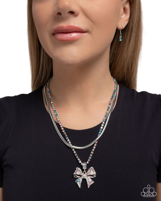 Paparazzi Cheerful Coquette - Multicolored Rhinestone Silver Bow Necklace