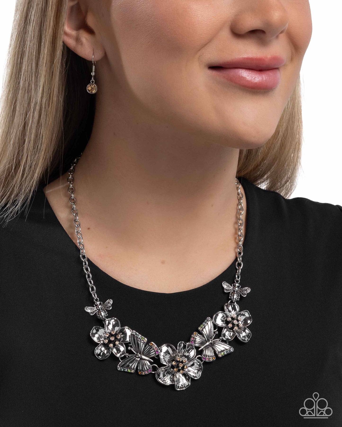 Soaring Song - Multicolored Gem Light Peach, Light Topaz Rhinestone Flower Necklace Paparazzi N2996