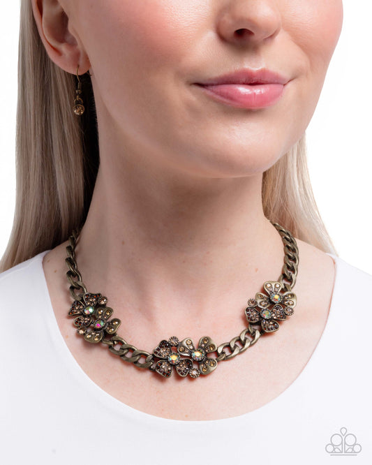 Fairy Florals - Brass Brown Tea Iridescent & Light Topaz Rhinestone Flower Necklace Paparazzi N3053