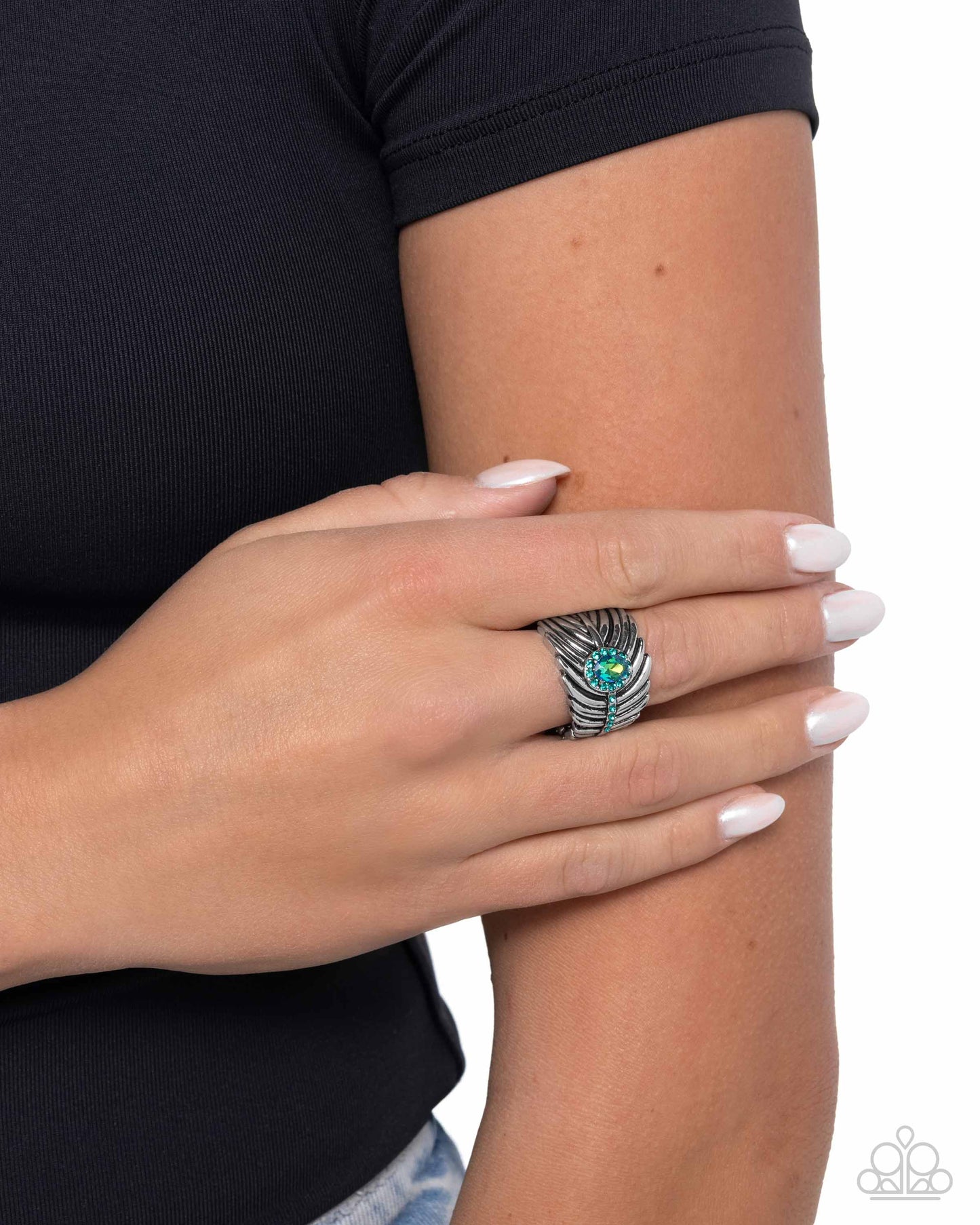 Feathered Fact - Green UV Shimmery Gem & Silver Feather Style Ring Paparazzi R1075