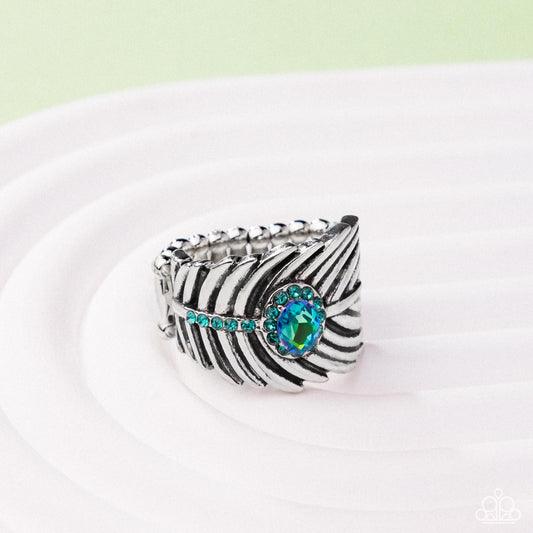 Feathered Fact - Green UV Shimmery Gem & Silver Feather Style Ring Paparazzi R1075