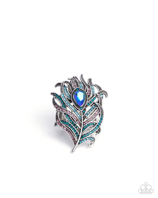 Polished Peacock - Blue Aquamarine, Amethyst & Blue Zircon Rhinestone Peacock Feather Statement Ring Paparazzi R1064