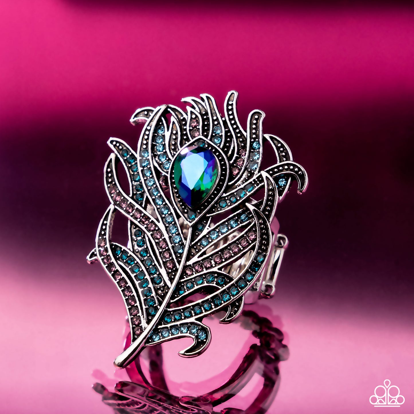Polished Peacock - Blue Aquamarine, Amethyst & Blue Zircon Rhinestone Peacock Feather Statement Ring Paparazzi R1064
