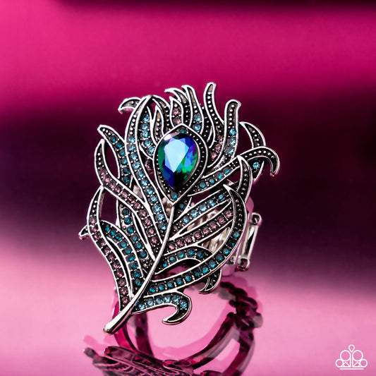 Polished Peacock - Blue Aquamarine, Amethyst & Blue Zircon Rhinestone Peacock Feather Statement Ring Paparazzi R1064