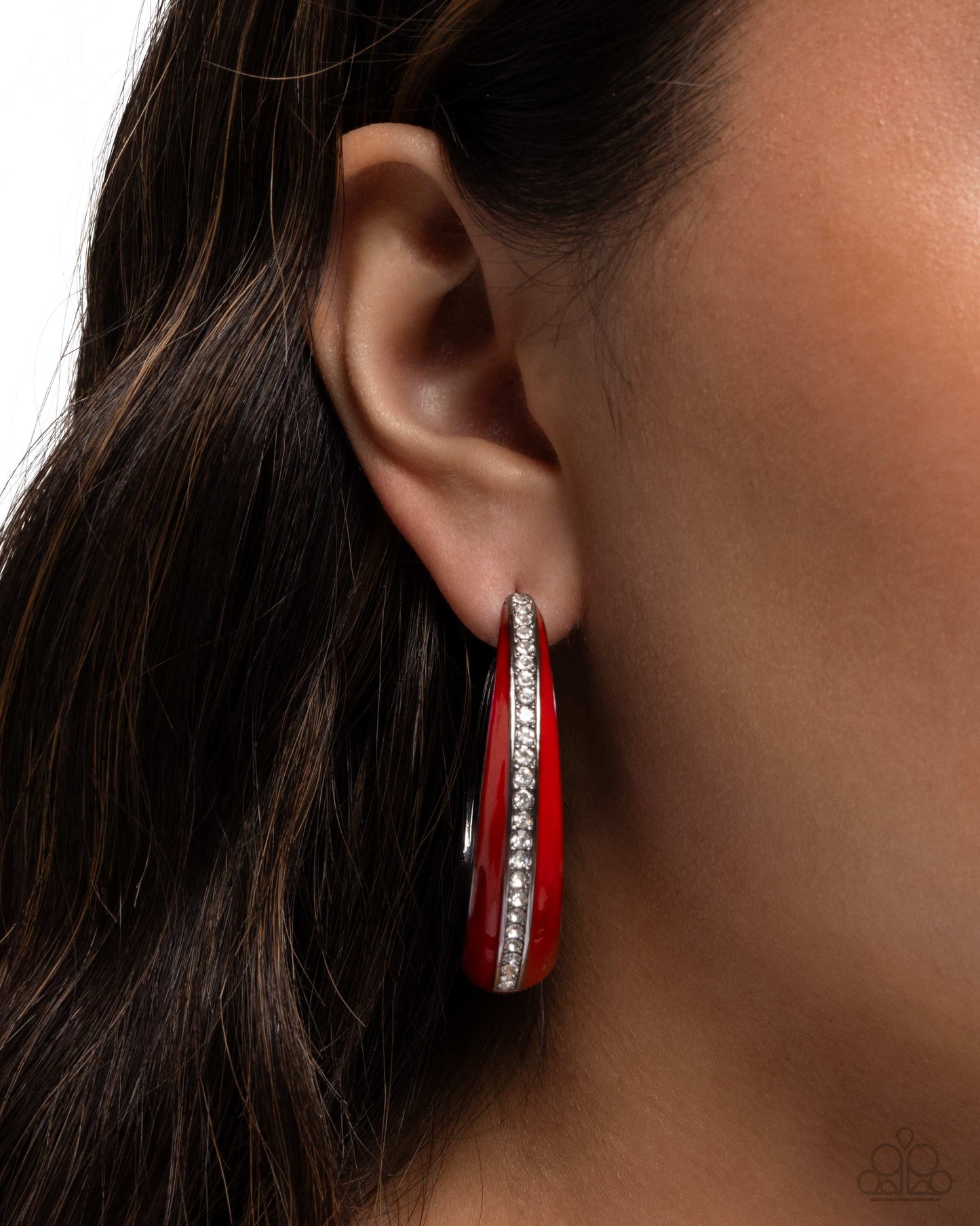 Uniquely Unexpected - Multi White "Rhinestone Red Painted Gunmetal 1 1/2 Hoop Earring Paparazzi E2889