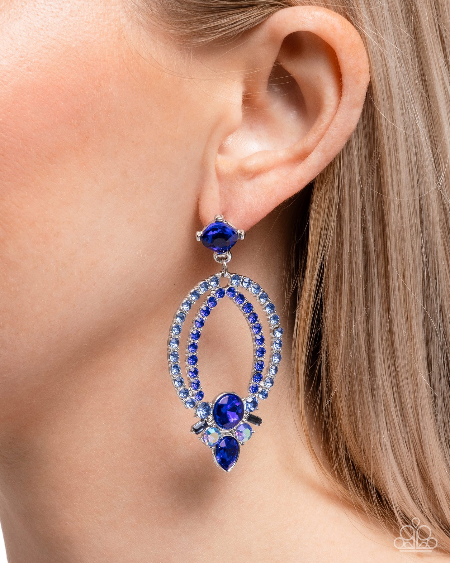 Karma Knockout - Blue Gem, Light Blue Sapphire Rhinestone & Iridescent Blue Gem Post Earring Paparazzi E2863
