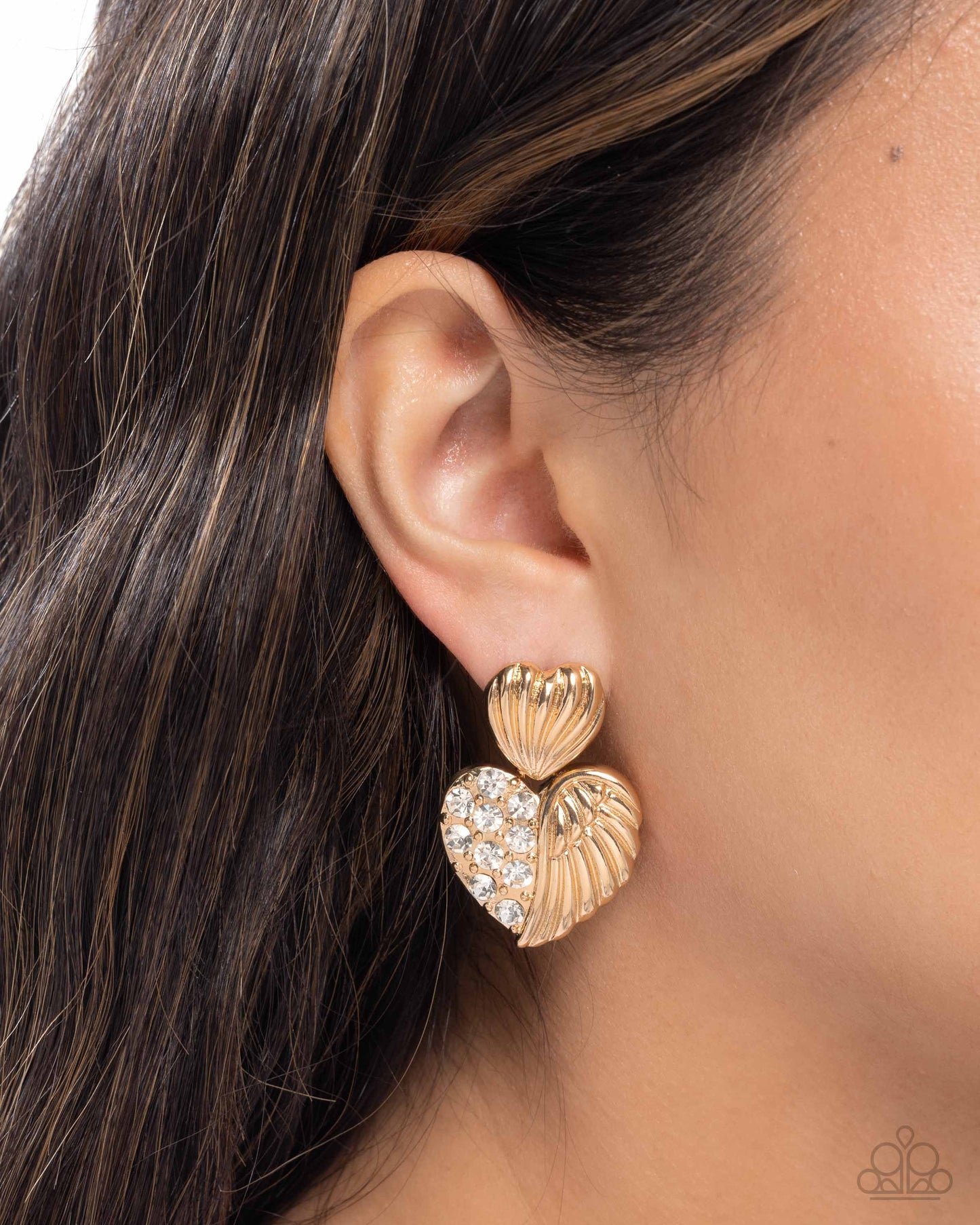 Paparazzi Angelic Adornment - Gold & White Heart Half Angel Wing Post Earring E3378