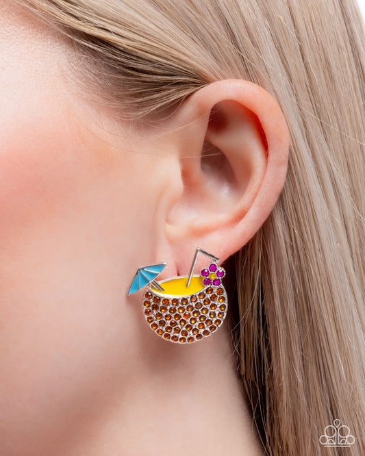 Vacation Mode - Multi Yellow, Topaz Rhinestone, Coconut Cup Earring Paparazzi