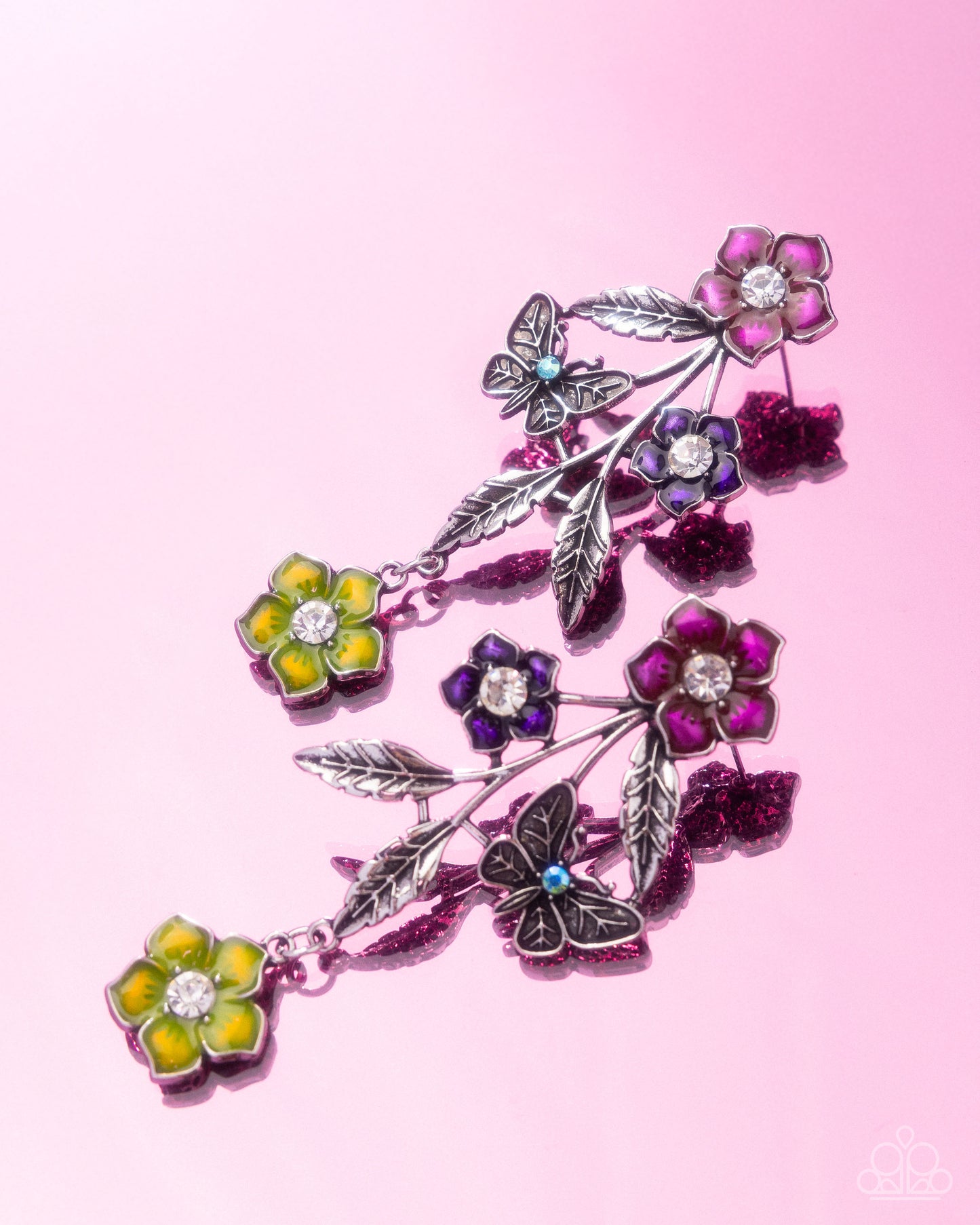 Whimsical Weekend - Multicolored, Pink Peacock & Purple Painted Flower Silver Butterfly Earring Paparazzi E3092